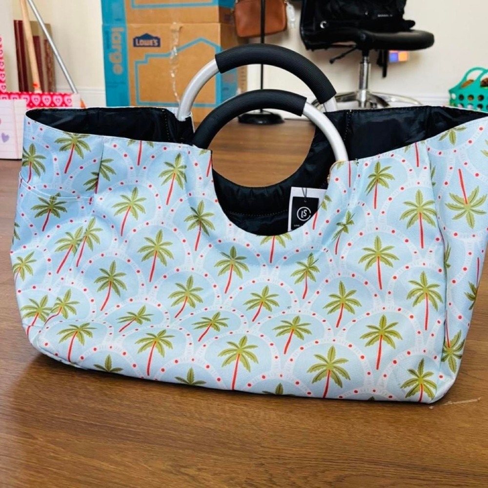 NWT Tropical Palm Tree Print Tote Bag Light Blue Summer Beach Handbag